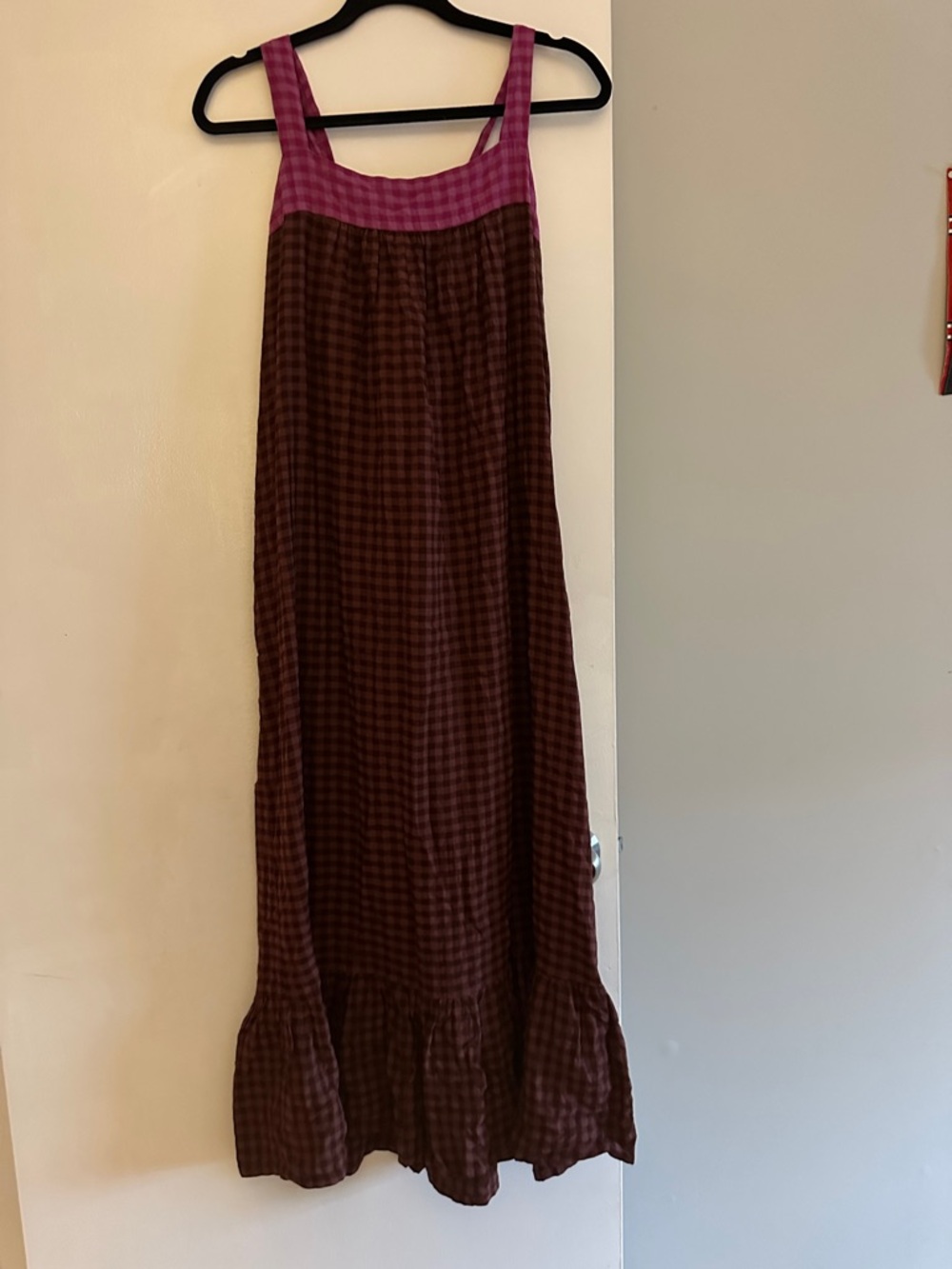 Anthropologie Brown Gingham Maxi Dress with Pink Yoke